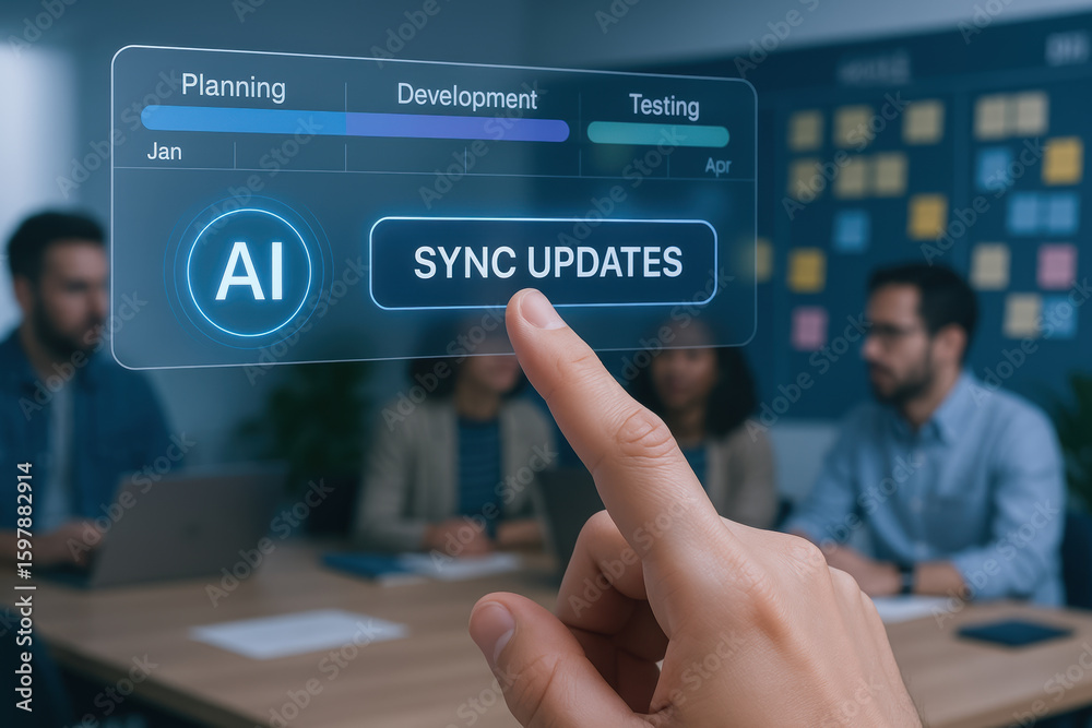 Fototapeta premium AI software developer collaboration concept with hand pointing on sync updates button during team meeting in office