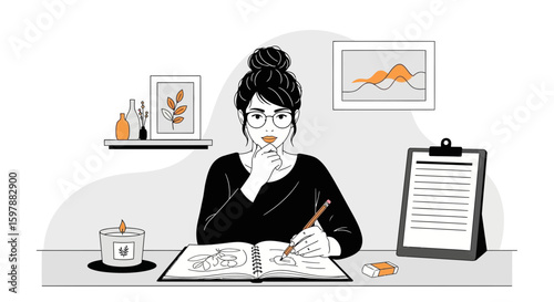 Woman Drawing Relaxing Sketches At Desk With Cozy Home Office Decoration