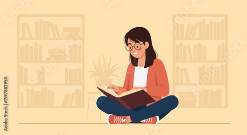 Woman Enjoying A Book At Home Surrounded By Books In A Relaxing Atmosphere