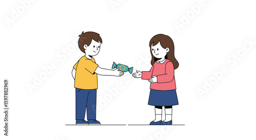 Two young children kindly share a delicious candy bar with each other on a bright white background illustration