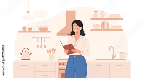 Woman Enjoying Cookbook Reading In Her Bright And Airy Modern Kitchen