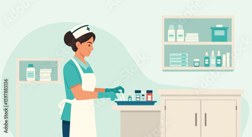 Nurse Preparing Medication In A Clinic With Shelves And Cabinet Background