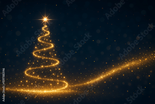 A magical Christmas tree made of golden light and sparkles on a dark blue background.