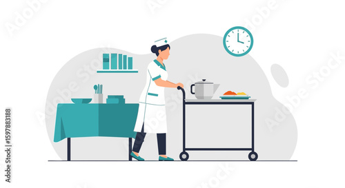 Nurse Pushing Food Cart in Hospital Room with Clock and Table Setting
