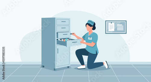 Nurse Retrieving Medication From Storage Drawer In Hospital Ward