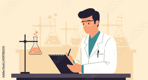 Scientist Taking Notes In A Laboratory Performing Chemical Research Illustration