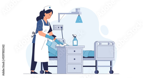 Nurse Sanitizing Hospital Room Surface for Patient Safety and Infection Control