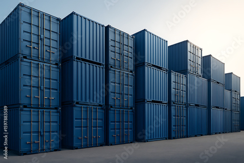 Stack of blue shipping containers at a port, symbolizing logistics and global trade.