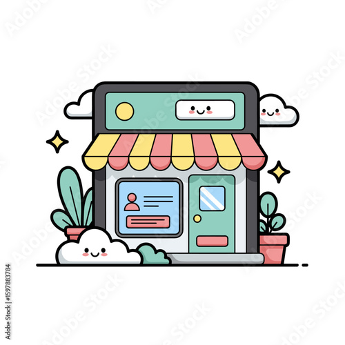 Adorable cartoon shopfront illustration featuring cheerful clouds, plants, and a colorful striped awning, perfect for digital commerce and retail concepts.