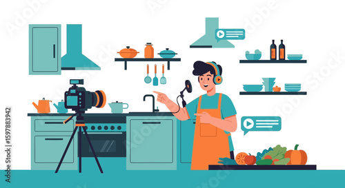 Online Cooking Show Host In Modern Kitchen Records Video Tutorial