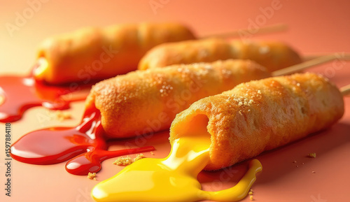 Delicious Cheese Corn Dogs Drizzled with Sauces