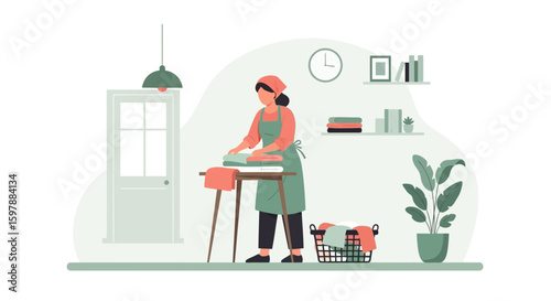 Woman Folding Freshly Cleaned Laundry At Home With Minimalist Style Design
