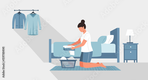 Woman Folding Clothes In Bedroom Vector Illustration, Laundry Day Routine