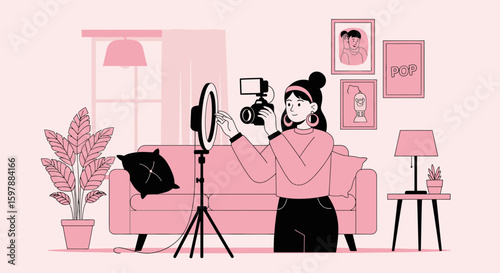 Online Influencer Recording Video With Ring Light In Cozy Pink Living Room