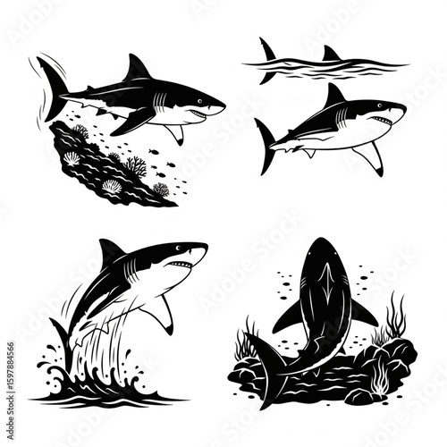 Shark Vector Set Dynamic Ocean Predators, Marine Wildlife Illustration