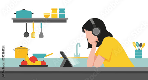 Woman In Kitchen Watching Streaming Content On Tablet Device At Countertop