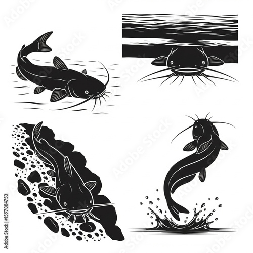 Minimalist Catfish Vector Illustrations Set Fishing, Aquaculture, and Aquatic Life Designs