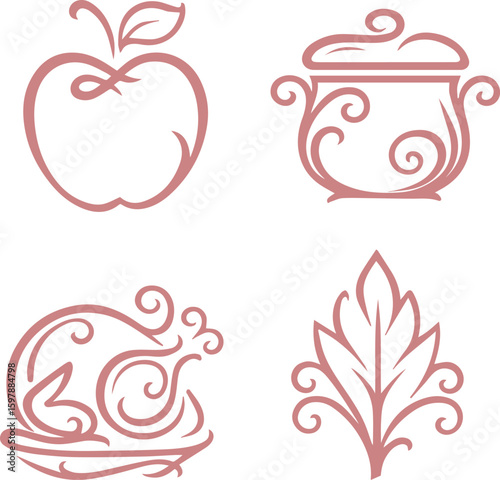 A cohesive set of four decorative line-art icons in a soft, earthy tone, featuring:

A stylized apple with leaf detail

A classic cooking pot or cauldron

A roasted poultry (turkey or chicken) on a pl