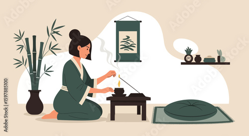Woman Lighting Incense Stick At Home For Meditation And Relaxing