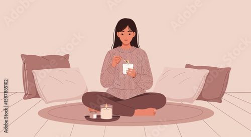 Woman Lights Candle Relaxing At Home In Cozy Environment For Wellbeing