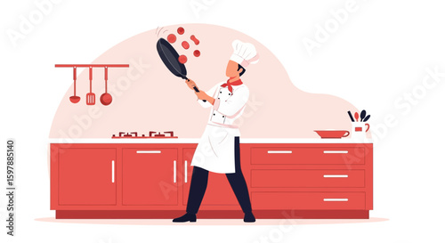 Passionate Chef Tossing Food In Frying Pan In A Kitchen Illustration