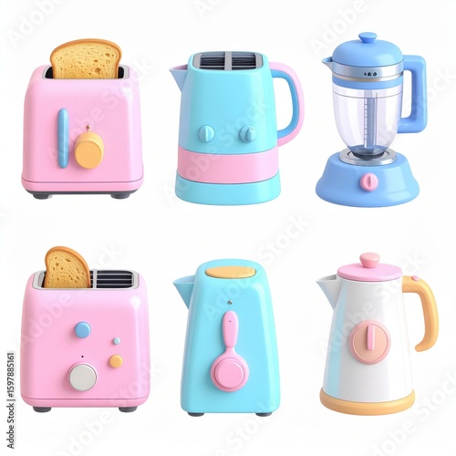 A pastel-colored collection of kitchen appliances including toasters, kettles, and a blender, showcasing a playful and modern design.