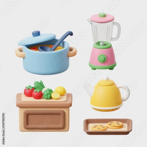 Colorful 3D kitchen objects including a pot with soup, blender, cutting board with vegetables, kettle, and a tray with cookies on a white background.