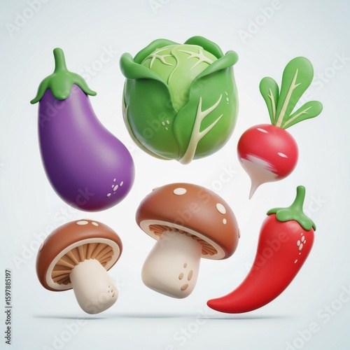 Colorful 3D vegetables including eggplant, cabbage, radish, mushrooms, and chili pepper floating against a light background.