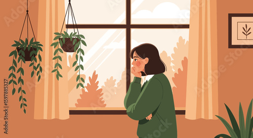Woman Looking Out Window At Nature In Simple Interior Illustration
