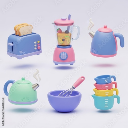 Colorful pastel kitchen appliances and utensils including toaster, blender, kettles, mixing bowl, whisk, and measuring cups on a light background.