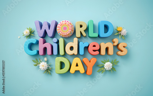 World Children's Day - Colorful 3D Text with Floral Accents
