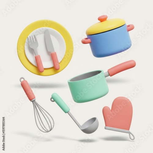 Colorful kitchen utensils and cookware including a plate with fork and knife, pots, whisk, ladle, and oven mitt, all in pastel tones with a minimalist style.