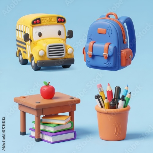Cute clay-style school bus, backpack, desk with apple and books, and pencil holder with supplies on a blue background.