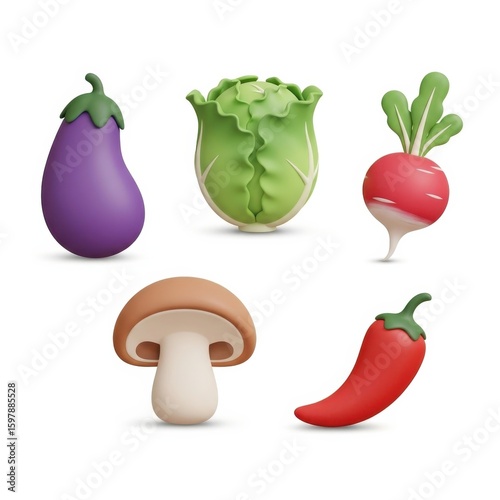 Colorful 3D illustrations of eggplant, cabbage, radish, mushroom, and chili pepper on a white background.