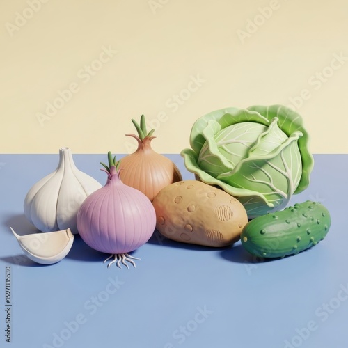 A realistic illustration of garlic, two onions, a potato, a cabbage, and a cucumber on a two-tone background.