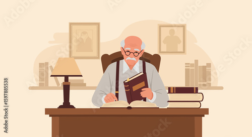 Senior Man Immersed In Reading And Holding A Novel In His Study Room