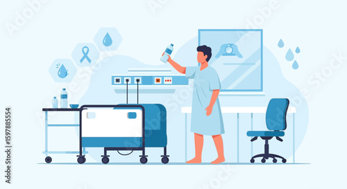 Patient Hydration In Hospital Room Illustration With Water Bottle In Hand