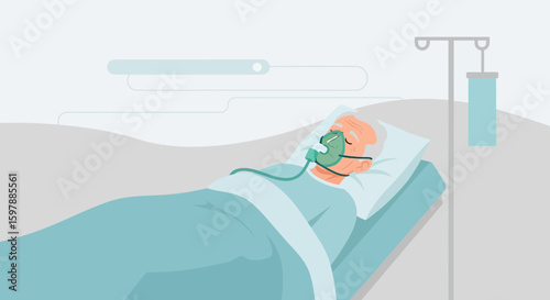 Senior Man Patient Receiving Oxygen Treatment in Hospital Bed Illustration