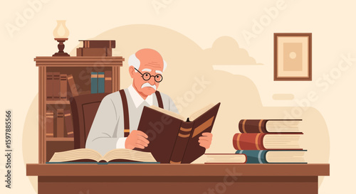 Senior Man Immersed In Reading Classic Literature In His Cozy Study Room