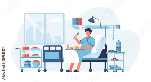 Patient Enjoying Meal Recovery In Hospital Bed Near The Window