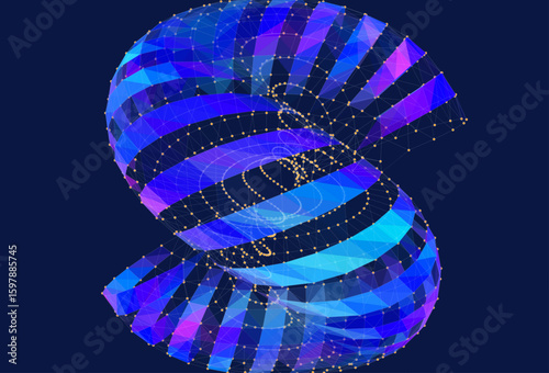 3D grid polygonale grid  from color elips in dark cyberspace. Quantum model computing.  Digital concept scientific, technology and computing.