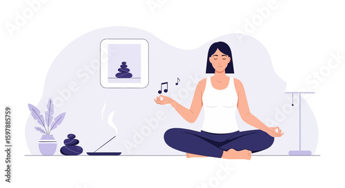Woman Meditating Listening To Music In Lotus Position At Home Illustration