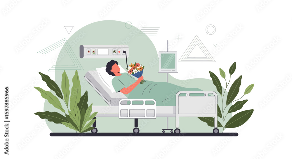 Obraz premium Patient Receiving Flowers While Recovering In Hospital Bed Concept Illustration