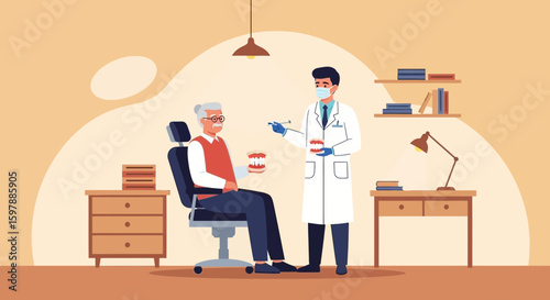 Senior Patient Consulting With Dentist About Dentures In Clinic Illustration