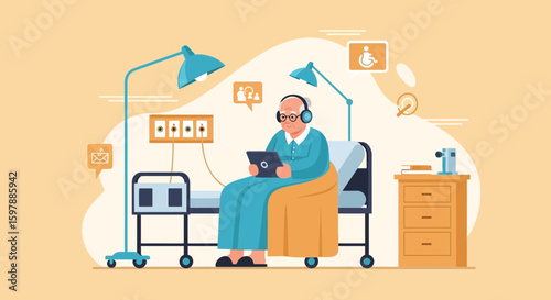 Senior Woman Connects with Family Using a Tablet in Hospital Setting Illustration