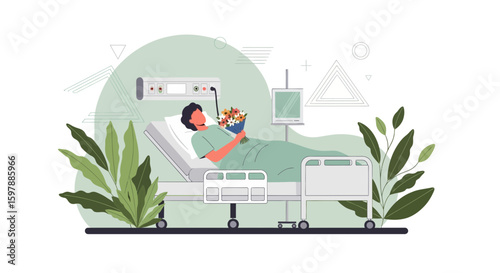 Patient Receiving Flowers While Recovering In Hospital Bed Concept Illustration