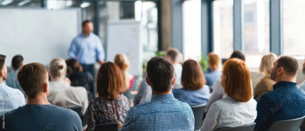 Obraz premium The diverse audience engaged in a professional presentation during a corporate seminar.