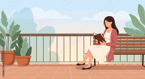 Serene Afternoon Reading Woman Relaxing on a Bench with Plants Outdoors