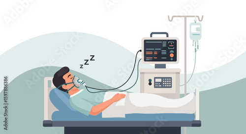 Patient Resting With Oxygen Mask Connected To Medical Equipment In Hospital Bed
