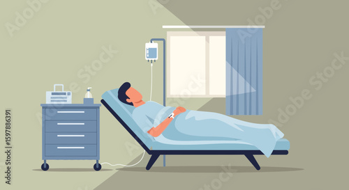 Patient Resting In Hospital Bed Undergoing Intravenous Therapy Treatment